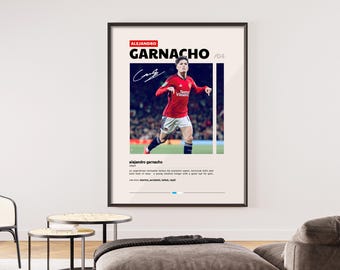 May include: A black and white poster with a red and white soccer jersey. The poster features a photo of a soccer player in action, with the text "Alejandro Garnacho /04" and a definition of the word "alejandro garnacho".