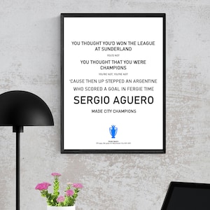 Sergio Aguero Poster Art, Iconic Chant, Man City Fan Present Idea, Manchester Home Decor