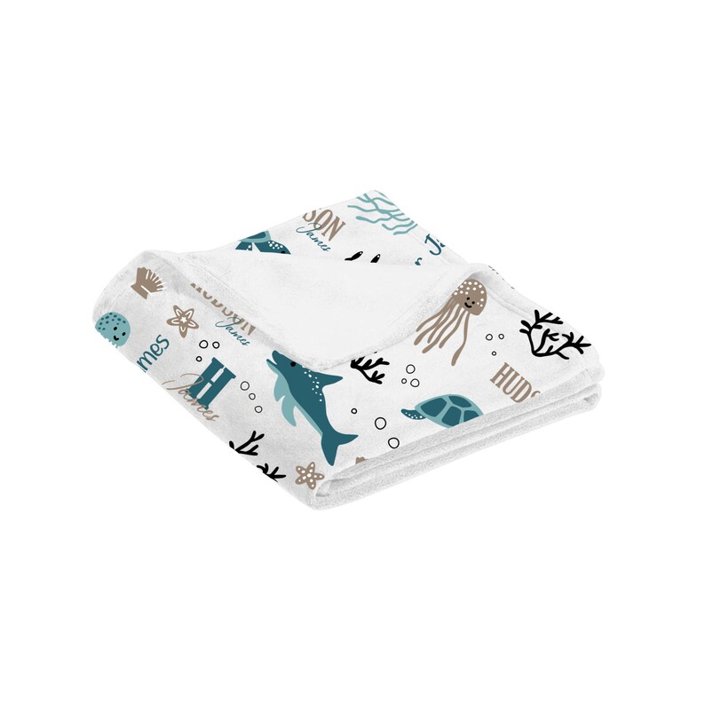 Baby Ocean Animals Personalized Name Blanket Brown and Blue image 3