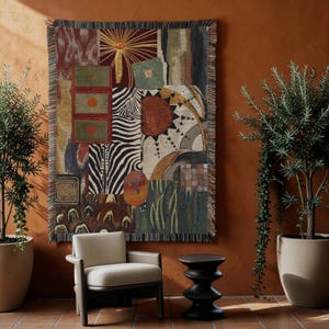 May include: A rectangular woven wall tapestry featuring a collage of diverse patterns including zebra stripes, sunburst motifs, geometric shapes, and abstract organic forms in a palette of deep red, olive green, black, cream, and burnt orange.