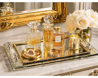Vintage Mirror Vanity Tray Gold Brass Glass Rectangular Perfume Jewelry Tray14x9