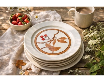 10 Vintage Anchor Hocking Primrose Stoneware Plate Set Brown Red Berry USA 70s