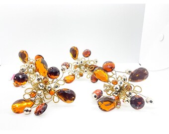 Vintage Set of 4 Gold Tone Jeweled Napkin Rings Brown Amber Rhinestone Beaded
