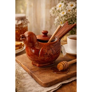 Vintage Bird Honey Pot Ceramic Chicken Jar Brown Glaze Cottagecore Kitchen Decor