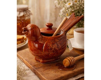 Pote de mel vintage em forma de galinha, de cerâmica, com esmalte marrom, para decoração de cozinha estilo cottagecore.