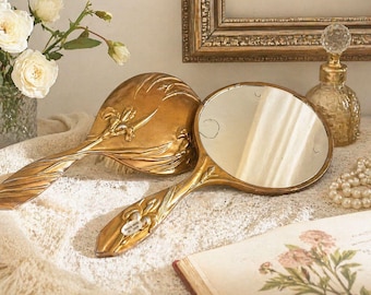 Vintage Gold Tone Iris Floral Vanity Mirror & Hair Brush Set Handheld Dresser Set Hollywood Regency