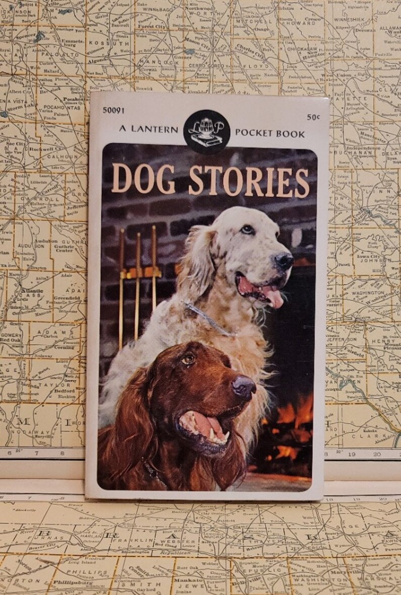 May include: A vintage paperback book titled "Dog Stories" with a picture of two dogs on the cover. The dogs are a white and brown setter and a brown Irish setter. The dogs are sitting in front of a fireplace.
