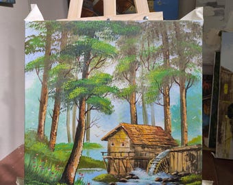 Watermill House and Village Scene, Hand-Painted Countryside Oil Painting on Canvas, Rustic Rural Landscape Wall Art for Home Decor