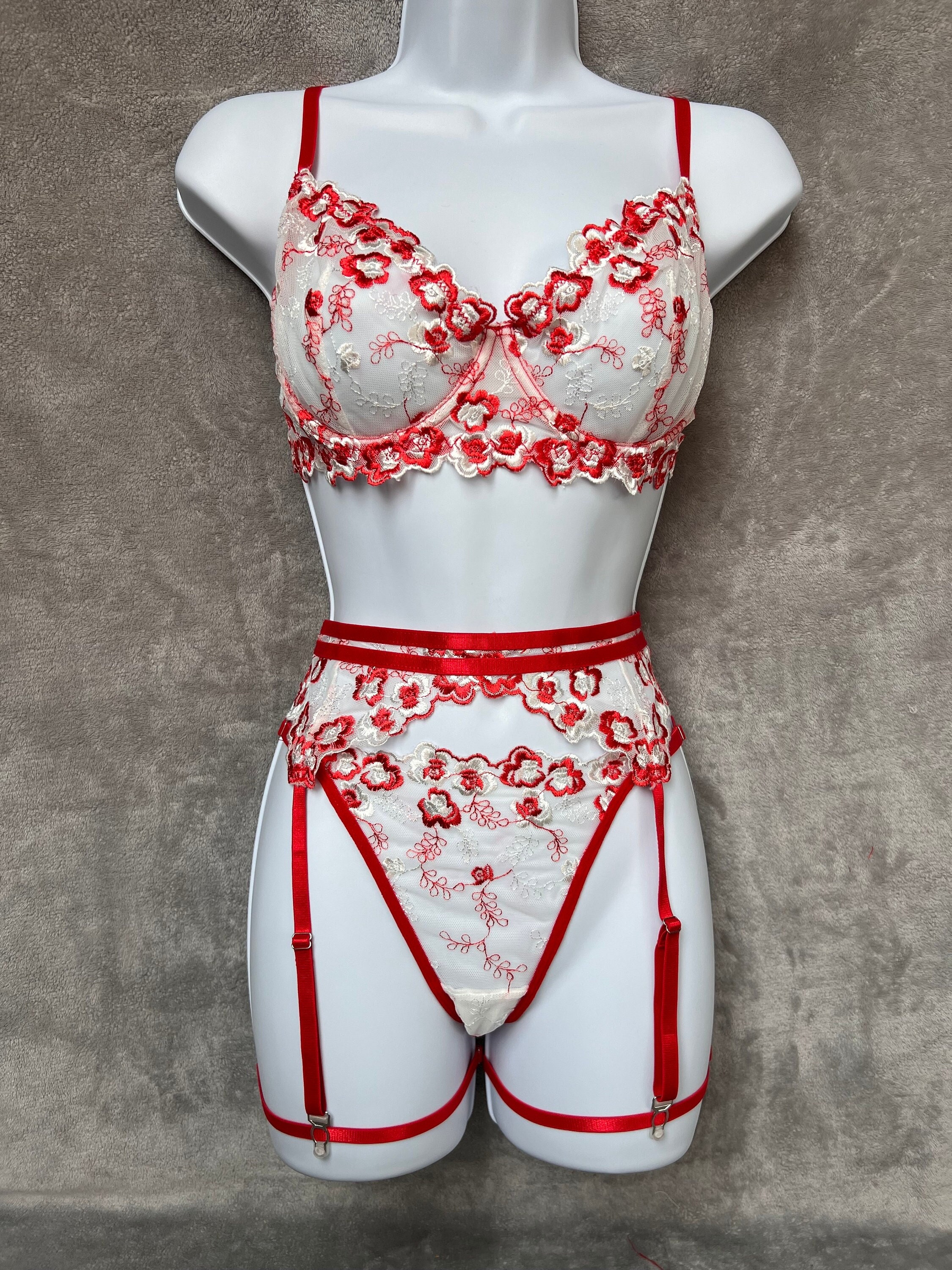 Women Mesh Bra Set OpenCrotch Underwear Red Rose Red White Womens Bikini  Bra Set