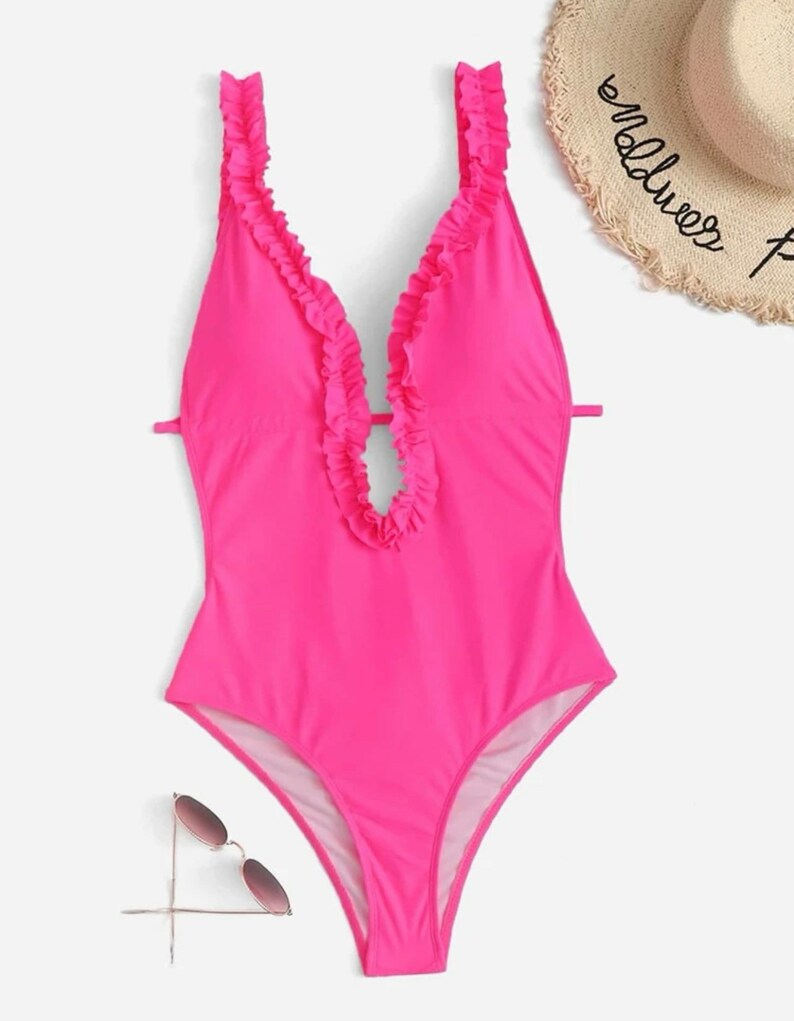 One Piece Swimsuit With Runched Bottom and Ruffled Straps Etsy