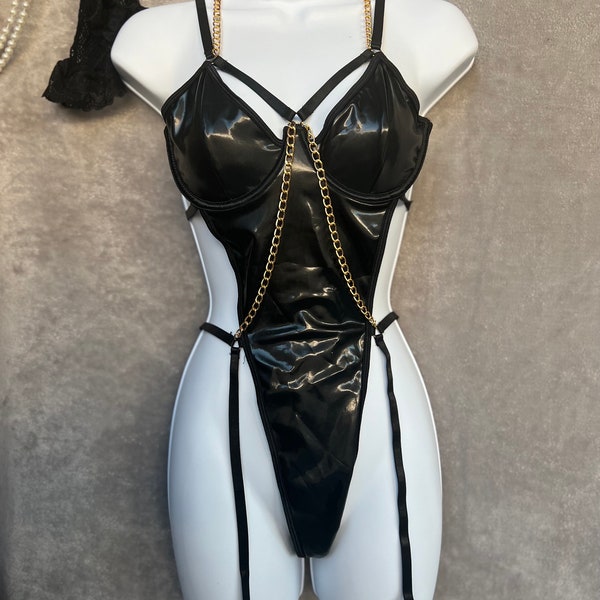 Two Piece Open Cups Web Cage Garter Teddy and Stockings in Black