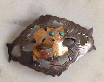 Vintage Peruvian Cat Brooch – 925 Sterling Silver & 18K Gold – Turquoise Eyes