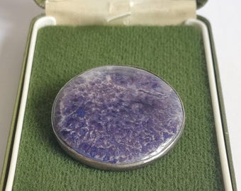 Antique Arts & Crafts Sterling Silver Ruskin Style Purple Pottery Brooch, 9.6g