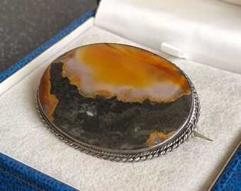 Antique Silver Moss Agate Brooch - 12.3 g