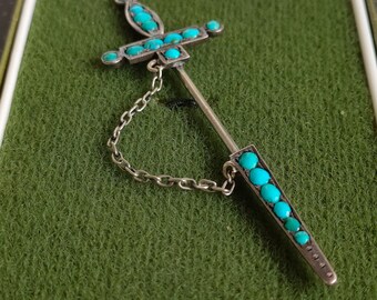 Spilla vittoriana in argento con spada, spilla antica con cabochon turchese, circa 1880
