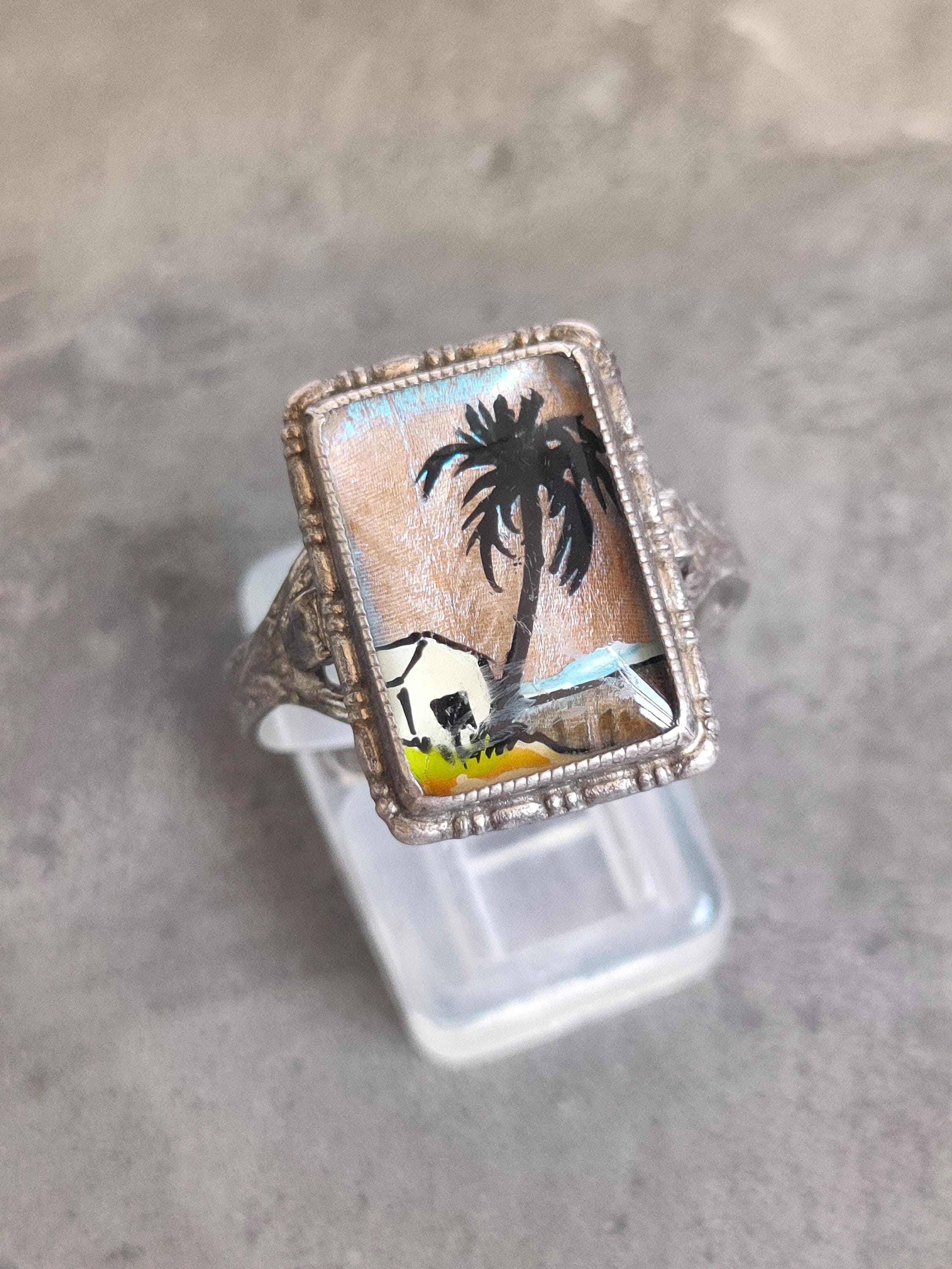 Sterling Silver Tropical Scene Ring, Hand-painted on Butterfly Wing ...