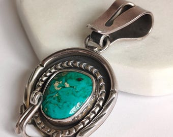 Mexican 950 Sterling Silver Turquoise Pendant – Large Southwestern Style 22.8g