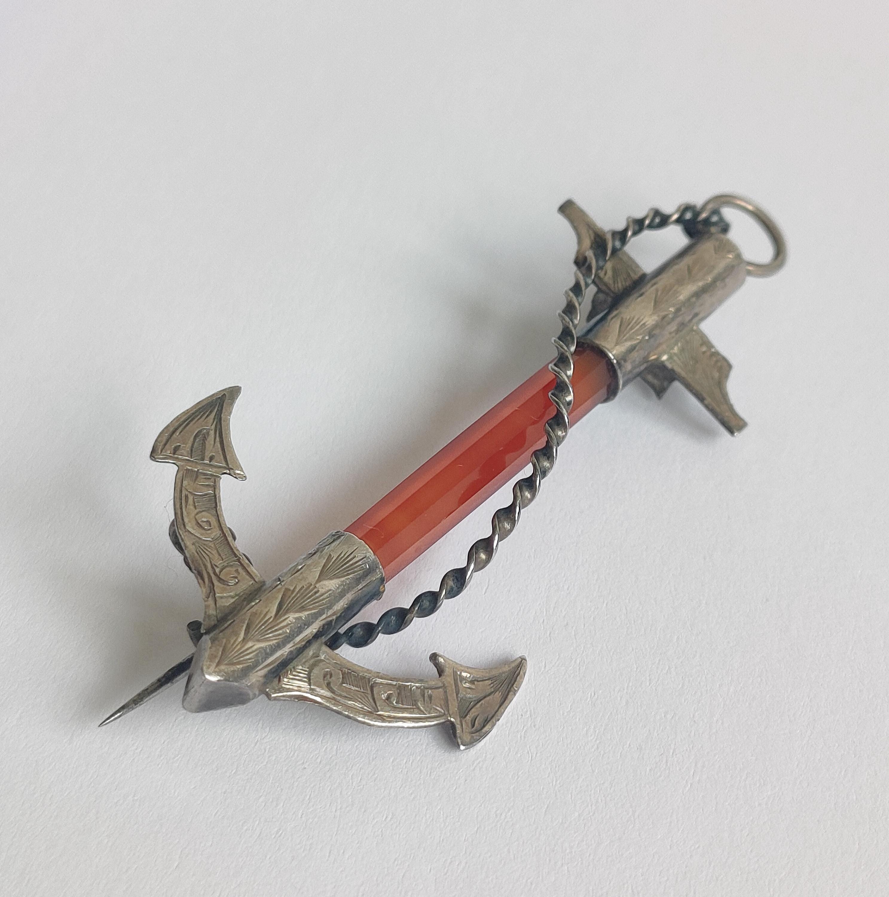 Antique Victorian Scottish Sterling Silver Anchor Brooch Carnelian