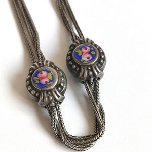 Antique Albertina Watch Chain Sterling Silver Enamel Floral Slides Dog Clip