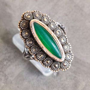 Vintage Silver & Gold Ring, Green Marquise Stone Marcasite, Size S, 9.7g