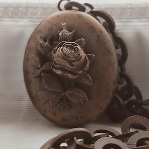 Victorian Vulcanite Mourning Locket Necklace c.1870, Rose Memorial Pendant Chain