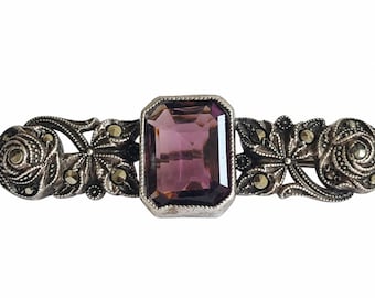 Vintage Art Deco 935 Silver Amethyst Paste Marcasite Rose Flower Bar Brooch