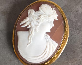 Broche Camée Femme Minerve Antique Sur Coquillage XIXe - Occasion