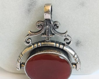 Vintage 925 Silver Double-sided Carnelian Black Onyx Spinner Fob Pendant, 10.7g