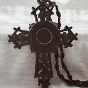 Victorian Vulcanite Mourning Cross Pendant Necklace, Memorial Locket & Ivy