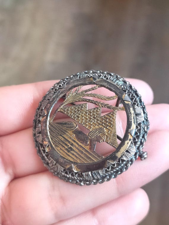Broche Vintage En Argent Filigrané Motif Égypte Palmier - Bon état D'usage