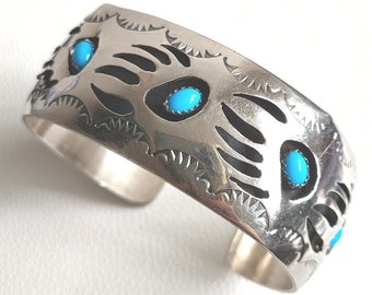 Heavy PEARLENE SPENCER Navajo Silver Turquoise Shadowbox Paw Cuff Bracelet 41.4g