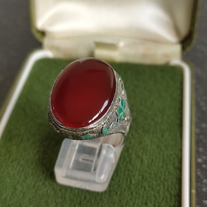 Vintage Chinese Export Silver Filigree Enamel Carnelian Ring Size S - 7.5 g