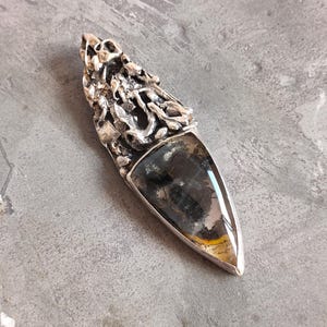 Large 950 Silver Dendritic Quartz Pendant – Brutalist Artisan Shield Design, 12.8g Statement Jewelry