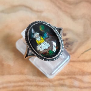 Vintage Art Deco Butterfly Wing Ring Sterling Silver Folk Scene, c.1930s, Size P