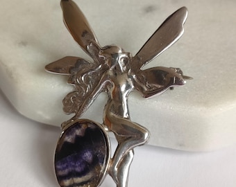 Vintage Sterling Silver Fairy Brooch with Blue John Fluorite Cabochon, 925