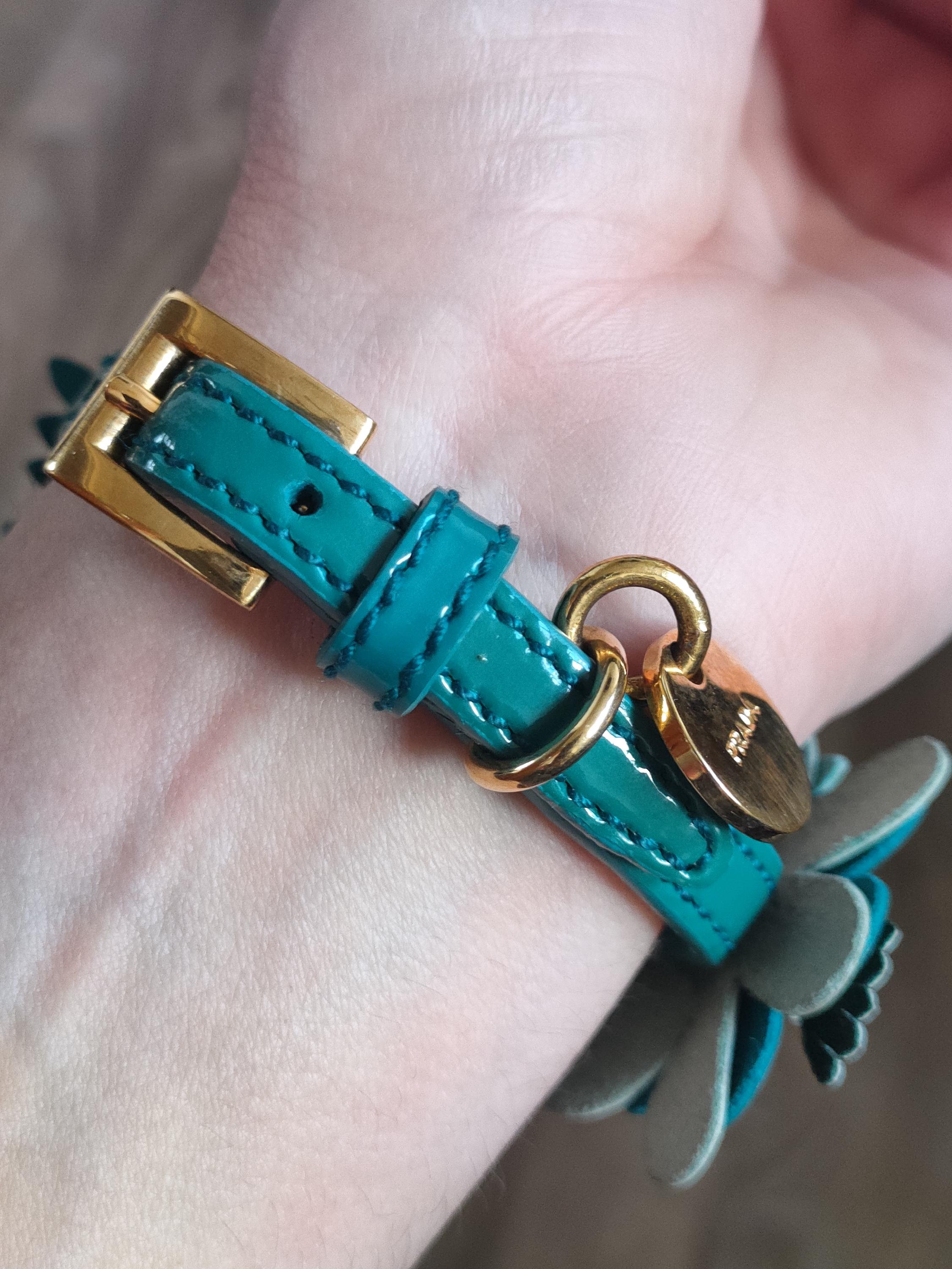 Vintage Prada Leather Flower Bracelet Green Floral Charm Made in