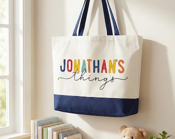 Personalized Canvas Tote Bag with Zipper , Toy Storage & Book Bag, Nursery Organizer, Toddler Gift, Birthday Gifts