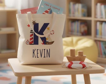 Beach Canvas Tote Bag with Name and Monogram, Toy Storage & Book Bag, Nursery Organizer, Toddler Gift, Birthday Gifts