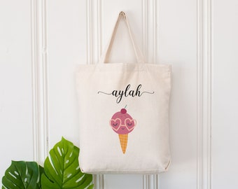 Ice Cream Custom Canvas Tote bag,Birthday gift for kids,Kids Name Tote Bag,Toddler,Preschool,Kindergarten Book Tote Bag,Birthday Gift