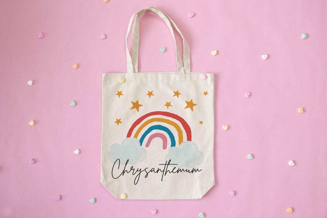 Personalized Canvas Tote Bag With Name and Rainbow, Toy Storage & Book ...