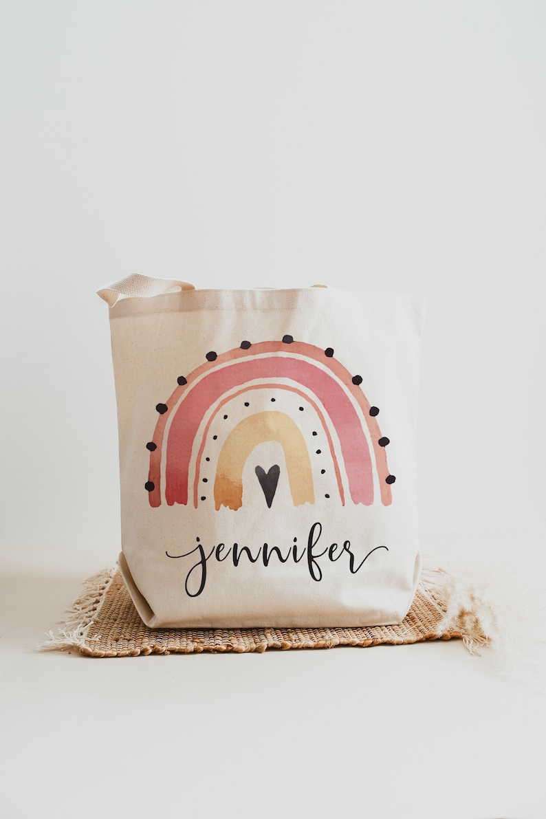 Custom Rainbow Canvas Tote Bag for Kids, Personalized Book Bag, Custom