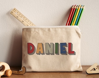 Custom Name Pencil Case, Canvas Pen Bag Gifts for Kids, Personalized Zip Pouch, School Supplies, Birthday gift, 3D Boy, Birthday Gifts