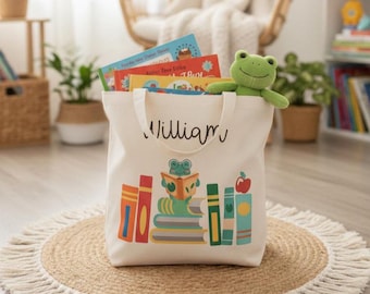 Personalized Canvas Tote Bag with Name and Book Stack, Toy Storage & Book Bag, Nursery Organizer, Toddler Gift, Birthday Gifts