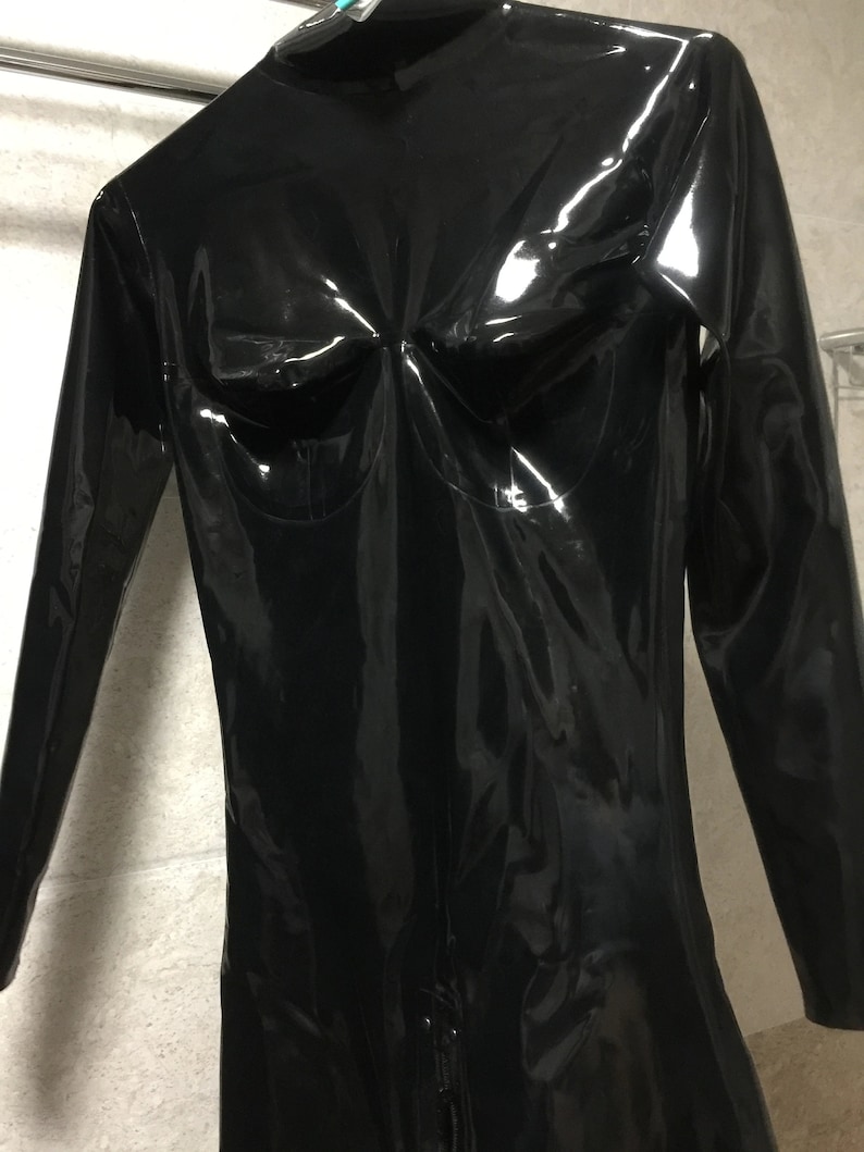 Pure Latex Black Sexy Jumpsuits Close Fitting Rubber Catsuits With Front Zipper Under Crotch