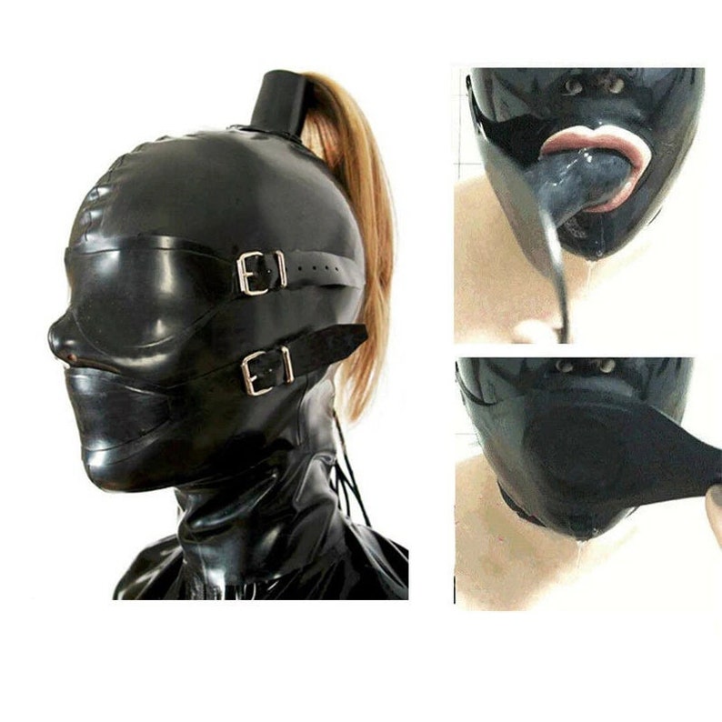 Latex Hood Mask Ponytail Pigtail Rubber Mask - Gummi Gimp Mask - Play Hood - Breathplay Mask Hood 