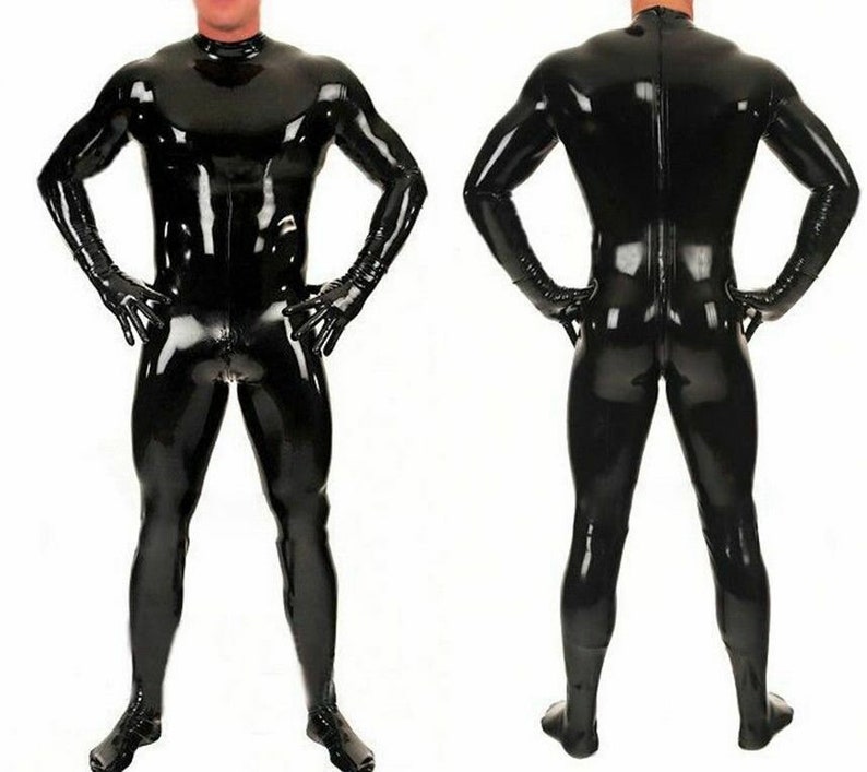100% Latex Full Bodysuit Men Rubber Zentai Wet look One Piece Sexy Shiny Fetish Clubwear Catsuit without Hood Jumpsuit Tight Cosplay Costume 