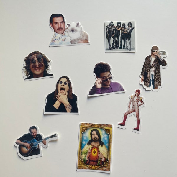 Rock Star Stickers- Kurt Cobain- Ozzy Osbourne- KISS- Dave Matthews- David Bowie- Freddy Mercury- John Lennon- Dave Grohl- John Mayer