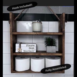 Farmhouse Bathroom Shelf – Rustic Over-the-Toilet Storage with Hook, Toilet Paper Holder, Handmade Wooden Decor