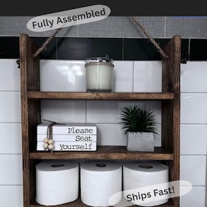 Farmhouse Bathroom Shelf – Rustic Over-the-Toilet Storage with Hook, Toilet Paper Holder, Handmade Wooden Decor