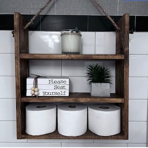 Farmhouse Bathroom Shelf – Rustic Over-the-Toilet Storage with Hook, Toilet Paper Holder, Handmade Wooden Decor